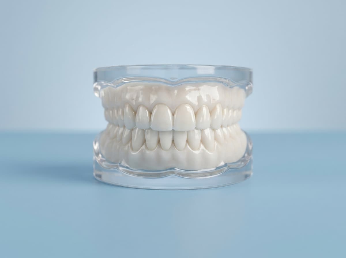 A full-arch zirconia bridge supported on four to six dental implants.